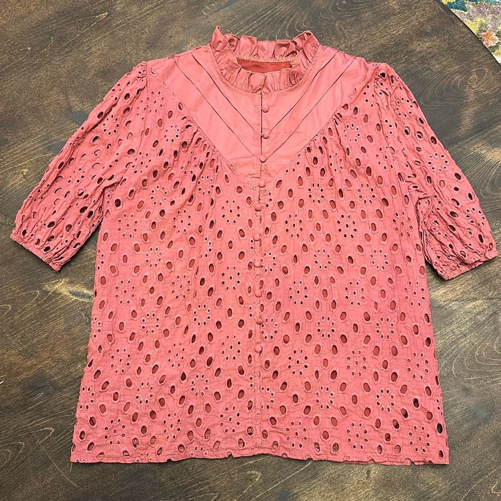 Burgundy lined, puff sleeve, lace top, Medium